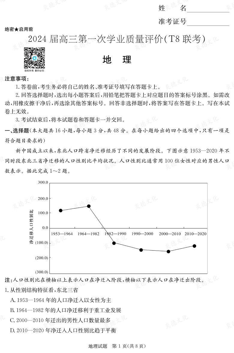 【地理】2024屆高三第一次學(xué)業(yè)質(zhì)量評價（T8聯(lián)考“附中5次”）